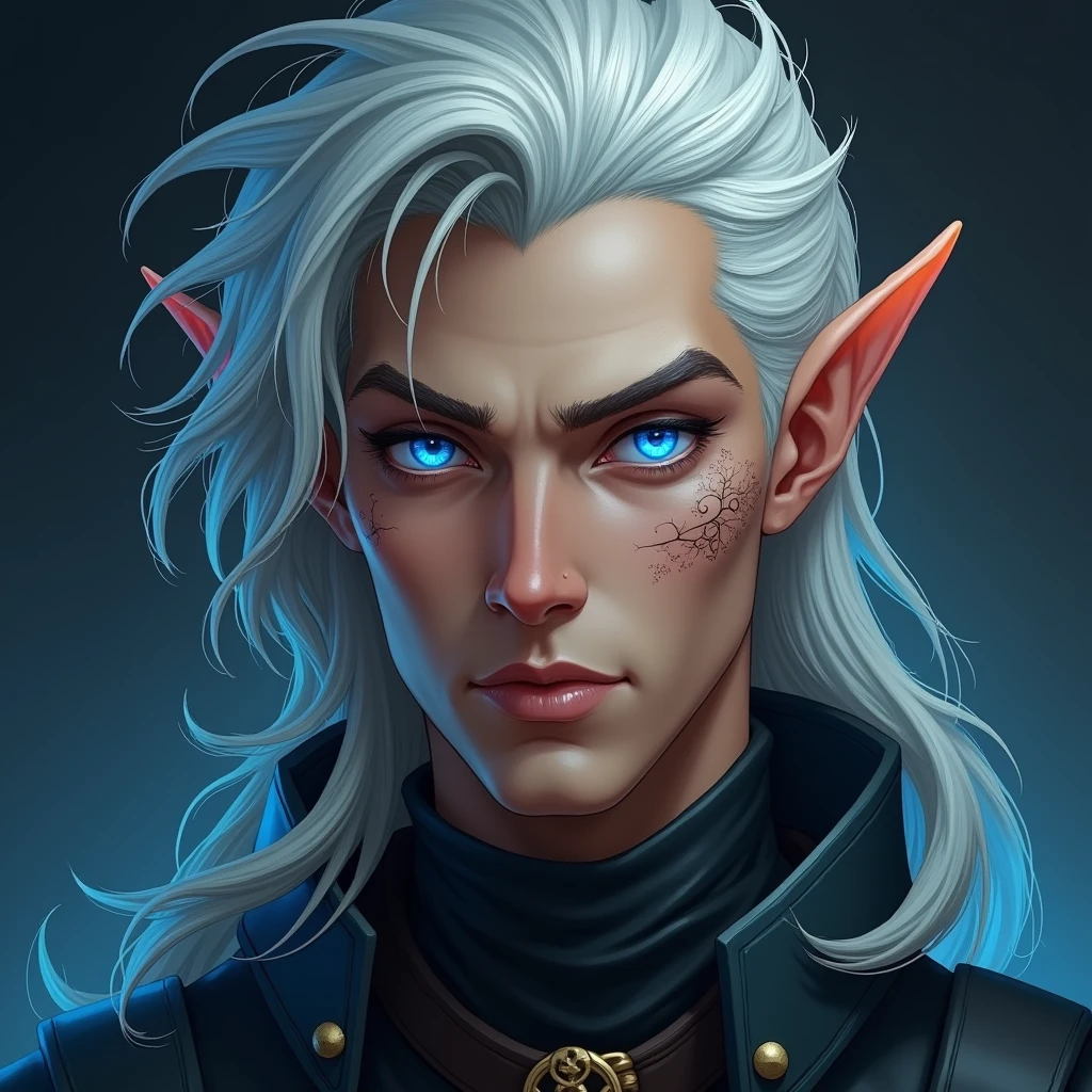 Male astral elf pirate with bright blue eyes, clean shaven with scar in his cheek