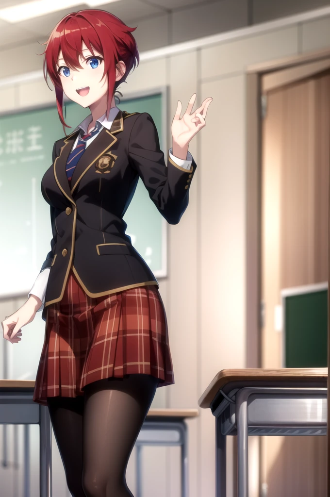 Highest quality, masterpiece, Very detailed,
Aoi Sakurai RW,
Open your mouth, A light smile,
blue eyes, Redhead, short hair, ミディアムshort hair,
school uniform, blazer, tie, Red Skirt, pantyhose,
Are standing, Looking at the audience,
classroom