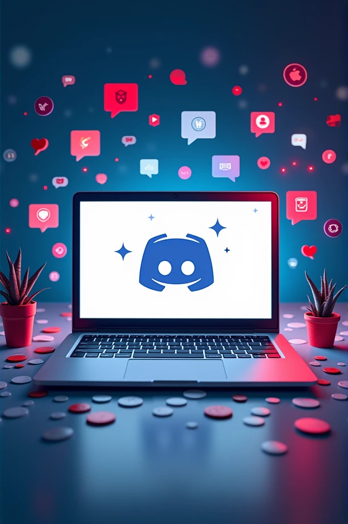 Internet concept background, Use light blue colors with red and black details, message elements ((games and chat)) between friends, open the computer with the Discord symbol, chat and games