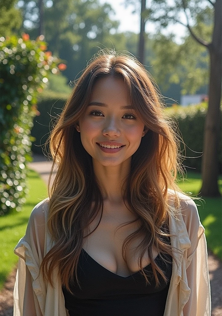 Full body naked , Tiny body, medium breasts,Realistic photo of a beautiful m1l3yc woman, 1girl, solo, long hair, breasts, smile, blonde hair, brown hair, upper body, nude, small breasts, teeth, grin, lips, realistic, hair censor, hair over breasts, soft lighting, professional Photography, Photorealistic, detailed, RAW, analog, sharp focus, 8k, HD, DSLR, high quality, Fujifilm XT3, film grain, award winning, masterpiece