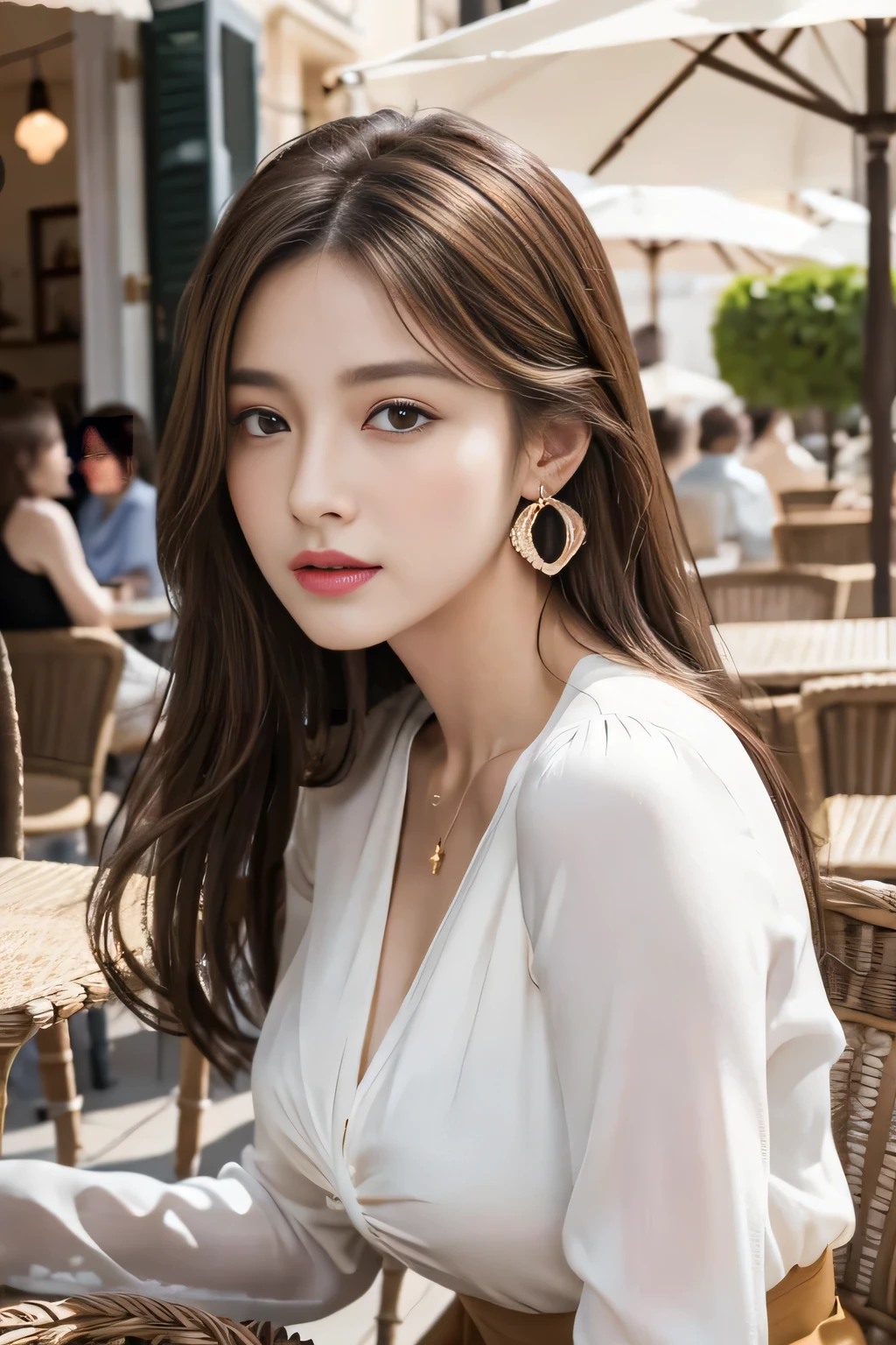 masterpiece, Highest quality, Realistic, Very detailed, Finer details, High resolution, 8k wallpaper, One beautiful woman,Wear a nice blouse, On the terrace of a lovely cafe, at noon, Light brown messy hair, Perfect dynamic composition, Beautiful and beautiful eyes、Big earrings、