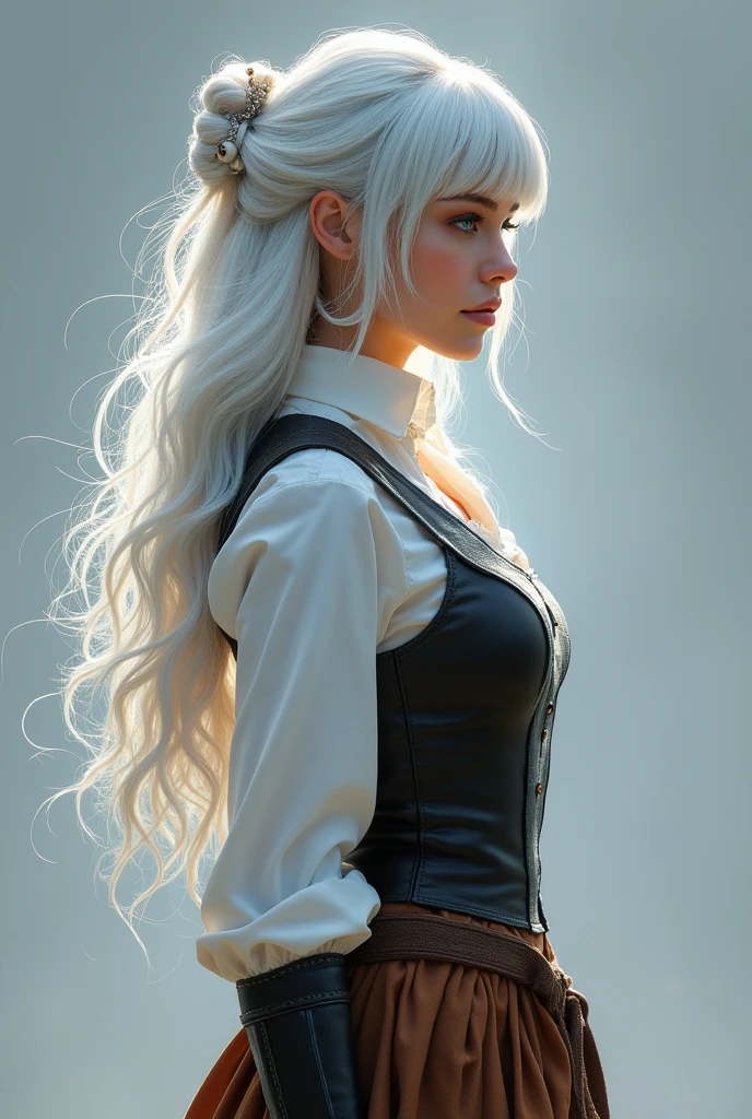 woman, woman, alone, alone, By White, long、loosely、Rebellious hair, ((snow-white pure hair)), frenzied blunt bangs, White eyebrows, White eyelashes, ((bright blue eyes 9.0)), Wearing a white shirt ((black leather vest worn tightly)), Gray background, profile, Character design image, high quality, 4K resolution, paint, elegant, Medieval clothing, noble medieval, beautiful, Brown long skirt, brown cloth belt, cintura beautiful, Perfect body, Feminine pose, interesting, Night Sky, performer, ((Tight clothing, loose sleeves)), Close ~ eyes