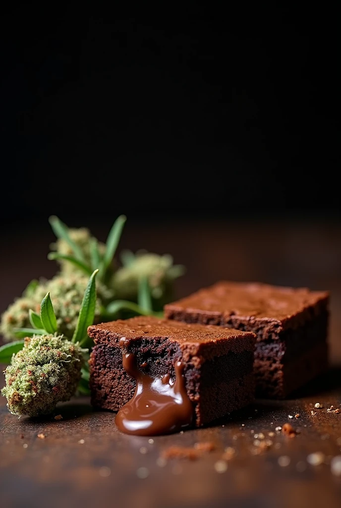 Two traditional ! homemade square Brawnis with a cracked chocolate coating on top, with liquid arequipe filling in the middle of each one and a cannabis flower on the side, the background should be a dark one, so it looks like a photograph.
