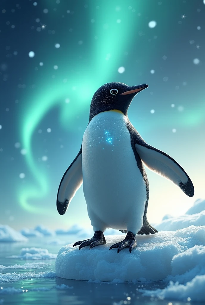 Wise cosmic penguin. Background in colors: light blue, teal and light blue green