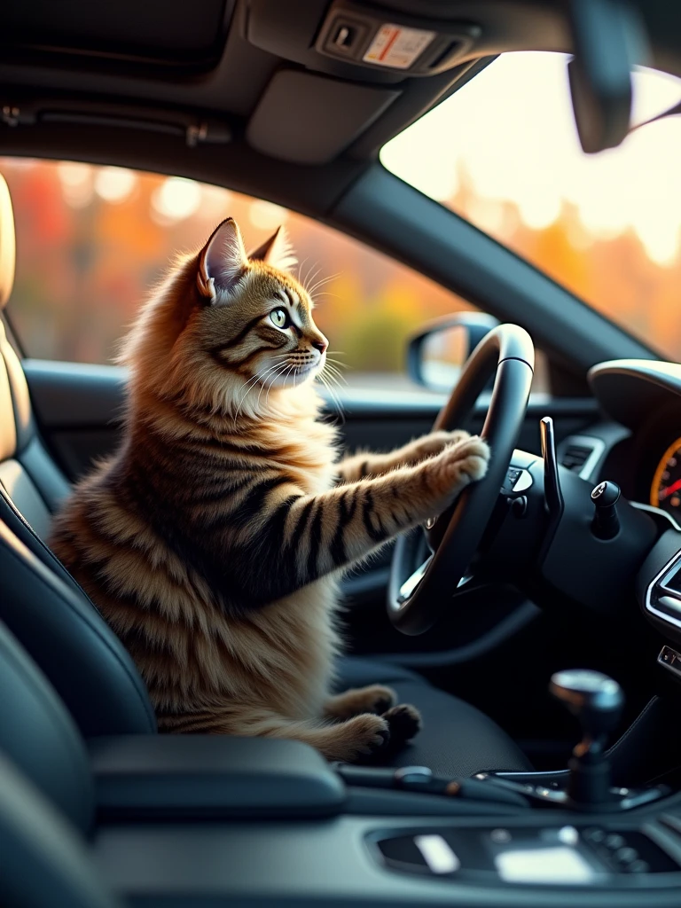 Create a high-quality image of a cat driving a car. The cat should be depicted as sitting in the driver's seat with its paws on the steering wheel, looking focused and determined. Ensure the cat is shown in a realistic and detailed manner, with its fur and facial expressions clearly visible. The car should be well-defined and styled appropriately, with the interior details, such as the dashboard and seats, clearly visible. The background should be dynamic, suggesting motion, such as a road or scenery passing by. Use soft lighting and ensure the entire scene is in high resolution with vivid details. The image should be hyper-realistic, clear as crystal, 8K UHD, and exhibit ultra photo realism.