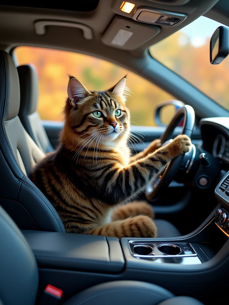 Create a high-quality image of a cat driving a car. The cat should be depicted as sitting in the driver's seat with its paws on the steering wheel, looking focused and determined. Ensure the cat is shown in a realistic and detailed manner, with its fur and facial expressions clearly visible. The car should be well-defined and styled appropriately, with the interior details, such as the dashboard and seats, clearly visible. The background should be dynamic, suggesting motion, such as a road or scenery passing by. Use soft lighting and ensure the entire scene is in high resolution with vivid details. The image should be hyper-realistic, clear as crystal, 8K UHD, and exhibit ultra photo realism.