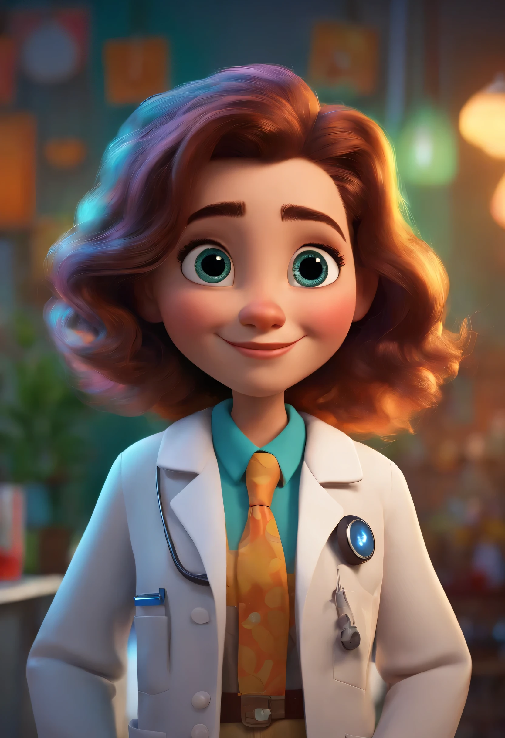 (pixar style,character creation),(lab coat),(vivid colors, bright tones),(studio lighting),(realistic details,highres),(playful expression),(styled hair),(big round eyes),(cartoonish facial features),(inspired by Pixar animation),(spark of creativity),(lab equipment),(colorful background),(happy and whimsical atmosphere)