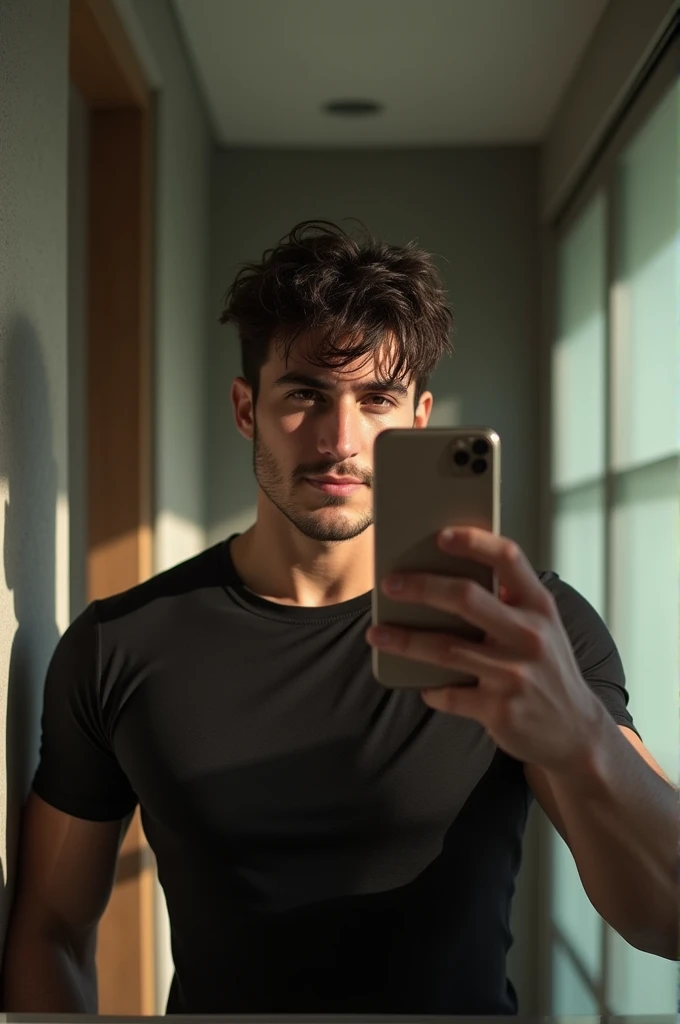 Photo of a man between 25 and 27 years old standing in front of a mirror covering his face with his phone 