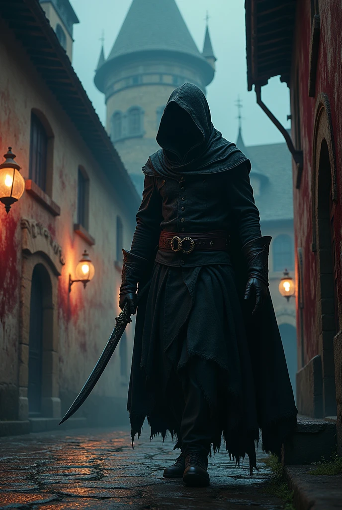 Assassin emerging from a bloodstained manor 