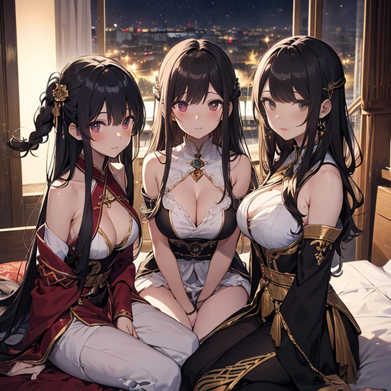 A group of priestess, (in bedroom), various hair styles, harem, night, details face, seducing, ceremonial outfit, multiple girls, exposed shoulders