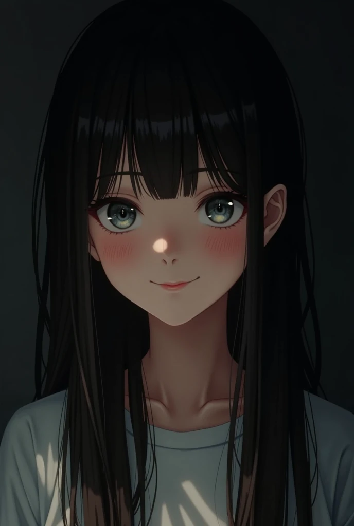 (Ultra Realistic), (Illustration), (Increased Resolution), (8K), (Extremely Detailed), (Best Illustration), (Beautiful and Detailed Eyes), (Best Quality), (Ultra Detailed), (Masterpiece ), ( wallpaper), (detailed face), solo, 1 girl, looking at viewer, fine details, detailed face, in the dark, deep shadows, low key, pureerosfaceace_v1, smiling, long hair, black shawl straight hair , 46 points oblique bangs