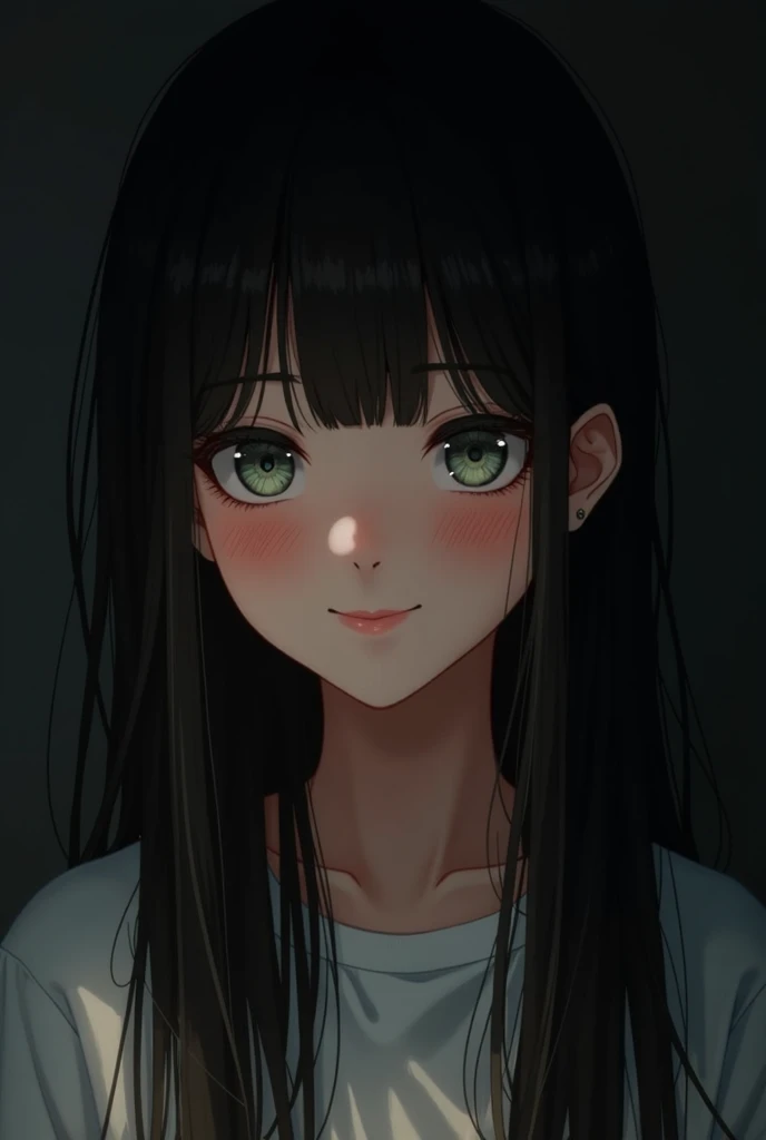 (Ultra Realistic), (Illustration), (Increased Resolution), (8K), (Extremely Detailed), (Best Illustration), (Beautiful and Detailed Eyes), (Best Quality), (Ultra Detailed), (Masterpiece ), ( wallpaper), (detailed face), solo, 1 girl, looking at viewer, fine details, detailed face, in the dark, deep shadows, low key, pureerosfaceace_v1, smiling, long hair, black shawl straight hair , 46 points oblique bangs
