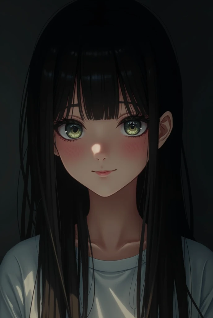 (Ultra Realistic), (Illustration), (Increased Resolution), (8K), (Extremely Detailed), (Best Illustration), (Beautiful and Detailed Eyes), (Best Quality), (Ultra Detailed), (Masterpiece ), ( wallpaper), (detailed face), solo, 1 girl, looking at viewer, fine details, detailed face, in the dark, deep shadows, low key, pureerosfaceace_v1, smiling, long hair, black shawl straight hair , 46 points oblique bangs