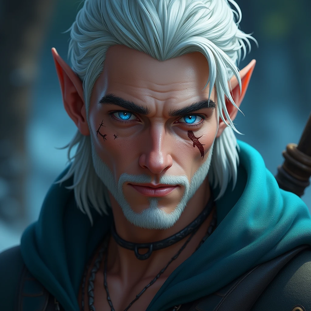 Male astral elf pirate with bright blue eyes, clean shaven with scar in his cheek