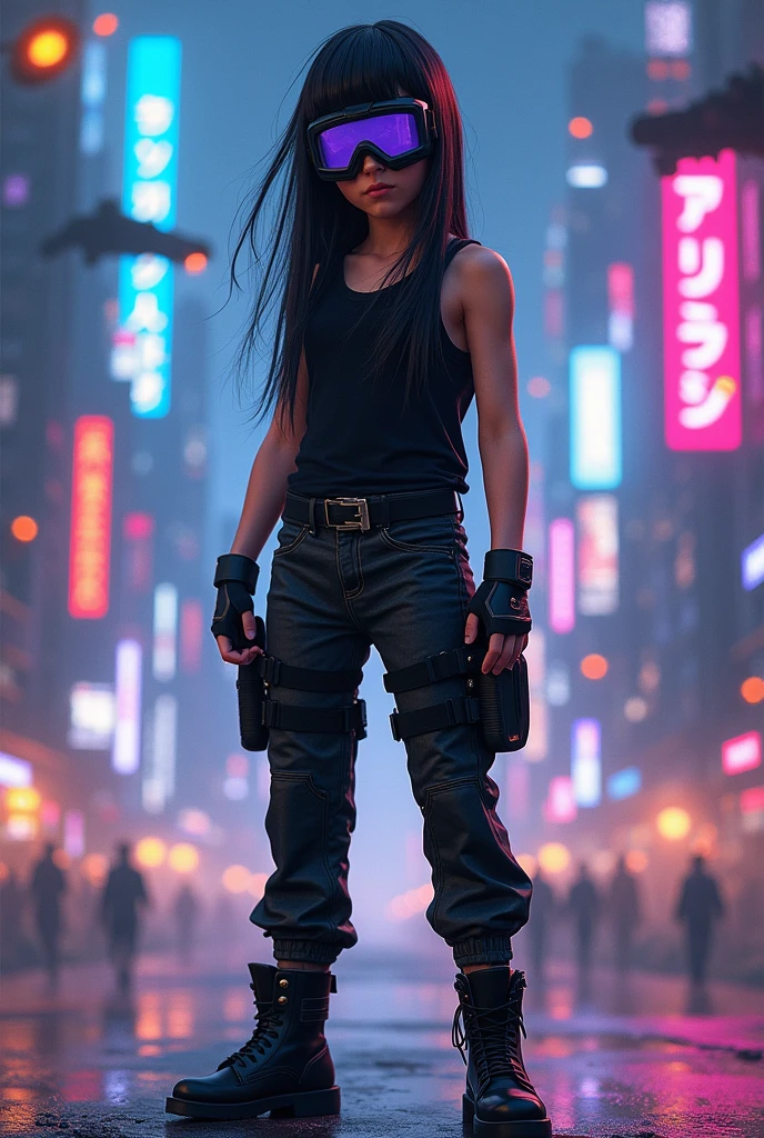 Young futuristic with long straight dark hair, black sleeveless shirt, tactical pants and boots in black and dark glass welding goggles