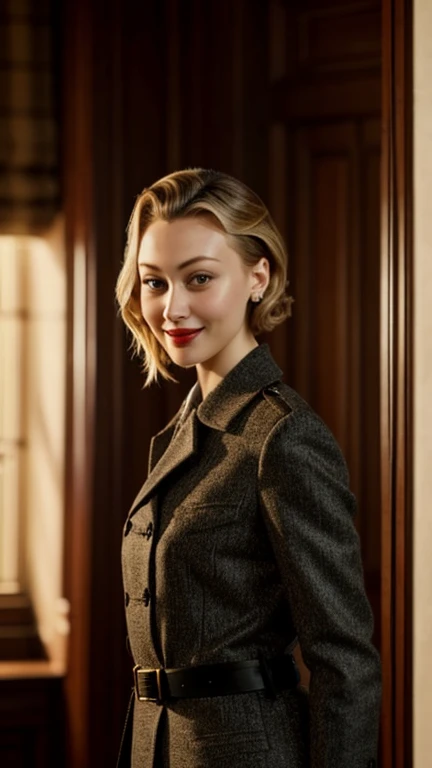 Sarah Gadon wearing sexy hunter clothes and lipstick and smiling