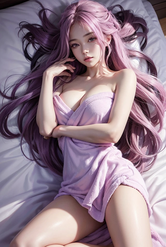 One person, Long Hair, Purple eyes, Pink Hair、She is sleeping in bed with a towel blanket.、Her thigh is exposed、Bright morning light、High resolution with sparkling hair, Anatomically correct, Highest quality, Winner of numerous awards, High detail, High-resolution model, Very detailed,