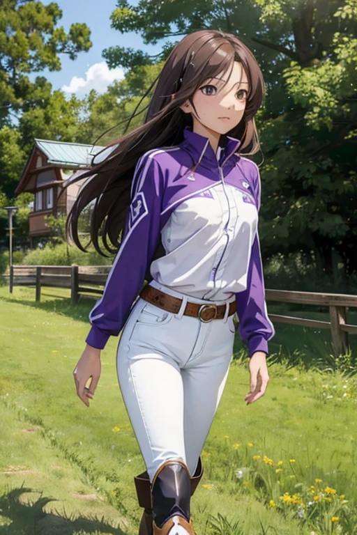 Anime style illustration of Mizusawa Chisato, a confident and mature woman in her 30s with bronzed skin and a mole under her left eye. She has long white hair and hazel eyes, wearing a white shirt, skinny purple jeans, and green riding boots. She is standing in a sunny field, with one leg raised and placed on a log, hands on her waist, in a powerful and assertive pose.