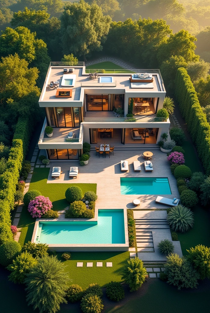 High definition top view of modern large house in nature with lots of light, two rooms, two bathrooms, a kitchen, three living rooms, a backyard and a front yard