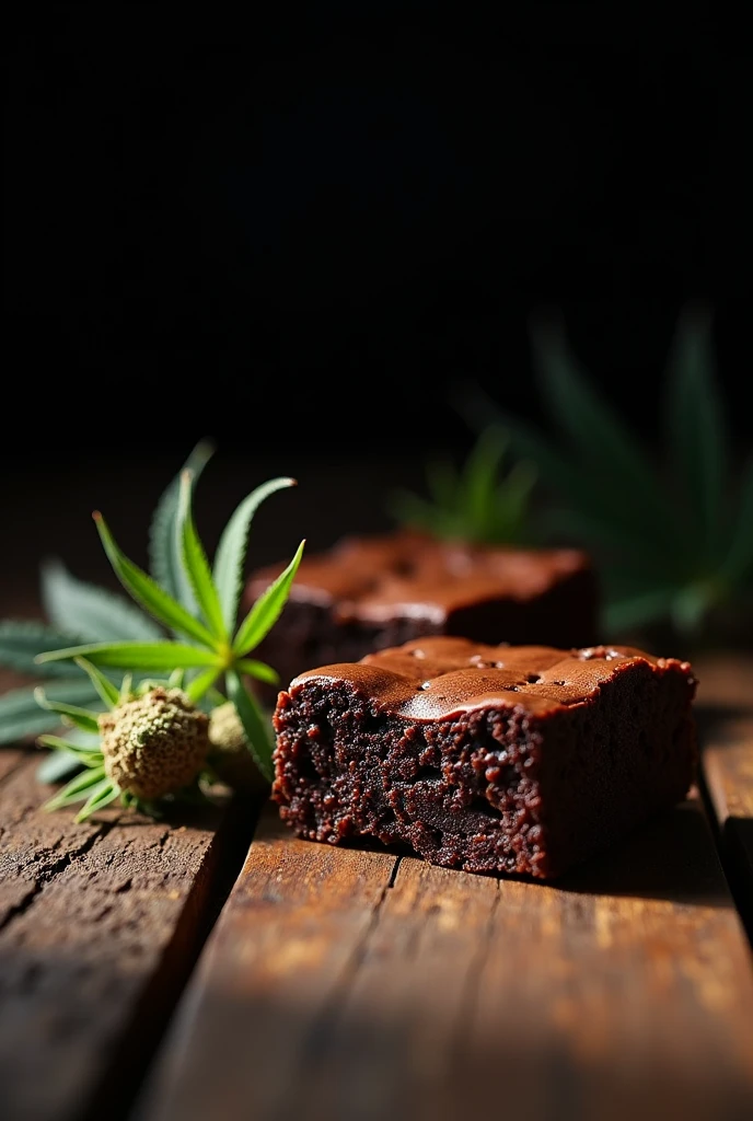 Two traditional ! homemade square Brawnis with a cracked chocolate coating on top, with liquid arequipe filling in the middle of each one and a cannabis flower on the side, the background should be a dark one, so it looks like a photograph.