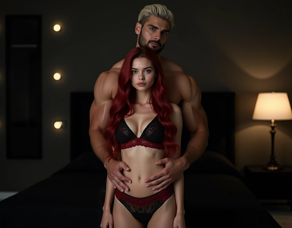 216 cm tall, 33-year-old man, short platinum blond layered swept back hair, dark skin, red eyes, Arabic-Egyptian features, black pants, intense expression, crouched above a topless 24-year-old far shorter woman with vibrant maroon side parted wavy hair and light skin wearing white pants beneath him on a bed in a minimalistic bedroom, photorealistic, cinematic