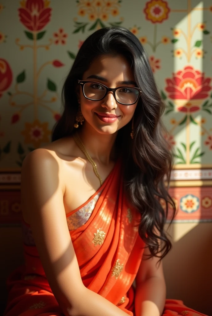 best quality)), ((masterpiece)), (high 8k detailed), Beautiful indian woman, thin classic saree,a woman in glasses sitting in front of a beautiful wallpaper , attractive girl, very beautiful girl, with a seductive smile, sexy girl, girl next door innocent look, friendly seductive smile, young and cute girl, cute seductive smile, seductive smile, indi sulta, handsome girl, hot with shining sun, teasing smile, beautiful girlfriend