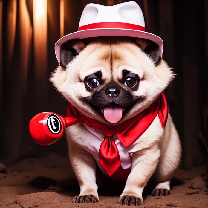 White Tanuki Hyena, Circle Eye, Red Monster Pupils, Pug Mouth, red fedora, pink Speedsuit, red tie, Evil Happy, looking at viewer, holding Minigun, Desert