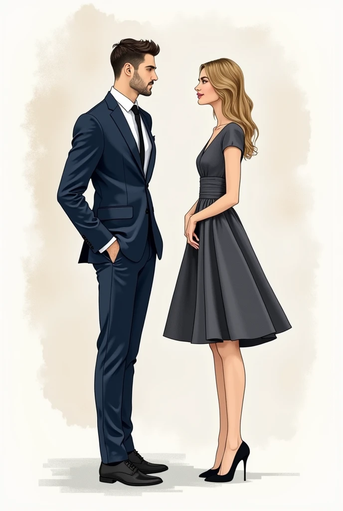 I need an image of the clothing to give references to the wedding guests for the dress code, which will be cocktail style. minimalist drawing. A Man and a Woman, that they don't see each other as a couple, only models of the clothes and both in suits. Clothes are what matters