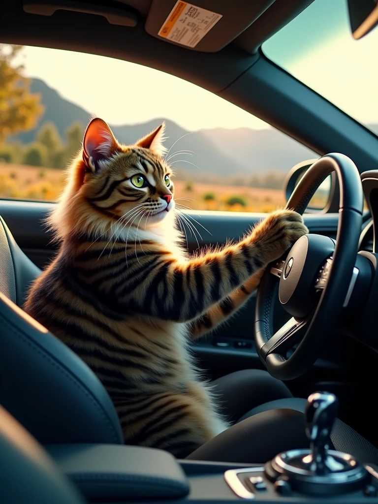 Create a high-quality image of a cat driving a car. The cat should be depicted as sitting in the driver's seat with its paws on the steering wheel, looking focused and determined. Ensure the cat is shown in a realistic and detailed manner, with its fur and facial expressions clearly visible. The car should be well-defined and styled appropriately, with the interior details, such as the dashboard and seats, clearly visible. The background should be dynamic, suggesting motion, such as a road or scenery passing by. Use soft lighting and ensure the entire scene is in high resolution with vivid details. The image should be hyper-realistic, clear as crystal, 8K UHD, and exhibit ultra photo realism.