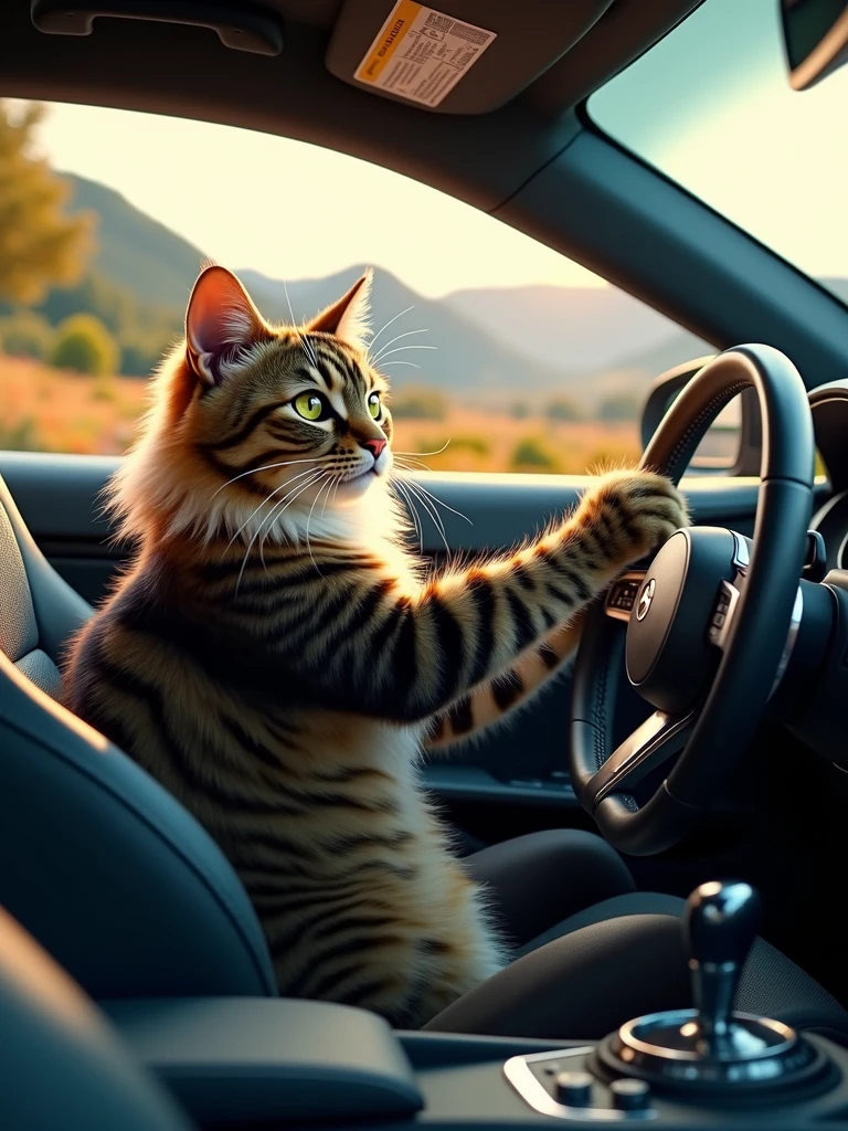 Create a high-quality image of a cat driving a car. The cat should be depicted as sitting in the driver's seat with its paws on the steering wheel, looking focused and determined. Ensure the cat is shown in a realistic and detailed manner, with its fur and facial expressions clearly visible. The car should be well-defined and styled appropriately, with the interior details, such as the dashboard and seats, clearly visible. The background should be dynamic, suggesting motion, such as a road or scenery passing by. Use soft lighting and ensure the entire scene is in high resolution with vivid details. The image should be hyper-realistic, clear as crystal, 8K UHD, and exhibit ultra photo realism.