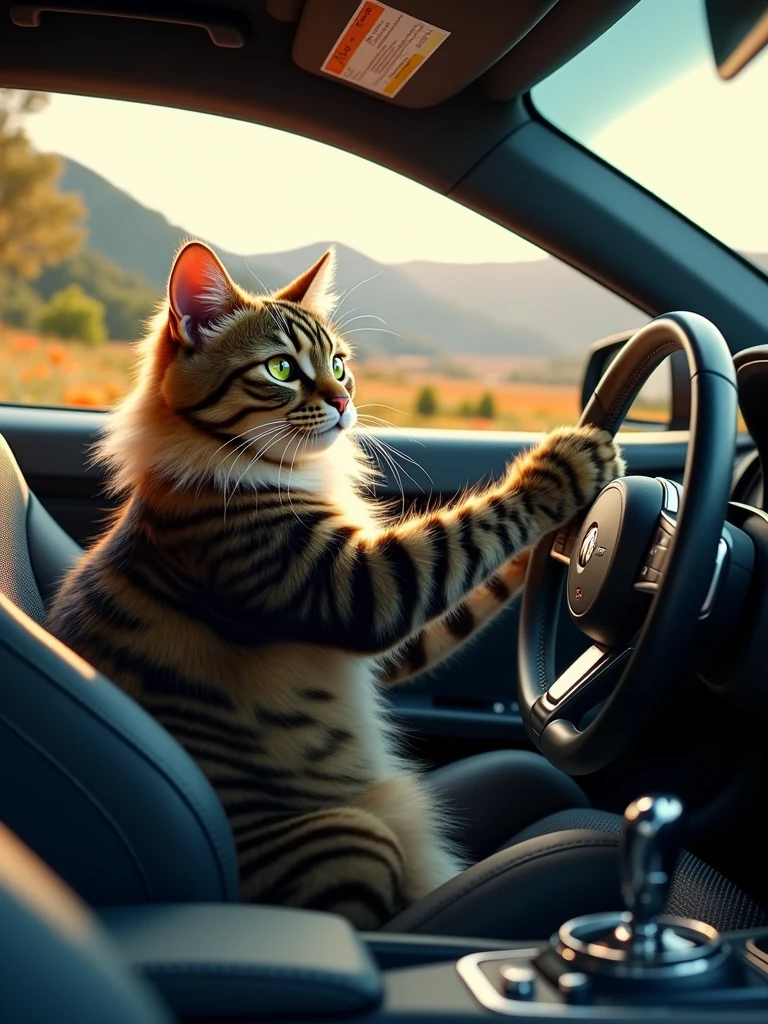 Create a high-quality image of a cat driving a car. The cat should be depicted as sitting in the driver's seat with its paws on the steering wheel, looking focused and determined. Ensure the cat is shown in a realistic and detailed manner, with its fur and facial expressions clearly visible. The car should be well-defined and styled appropriately, with the interior details, such as the dashboard and seats, clearly visible. The background should be dynamic, suggesting motion, such as a road or scenery passing by. Use soft lighting and ensure the entire scene is in high resolution with vivid details. The image should be hyper-realistic, clear as crystal, 8K UHD, and exhibit ultra photo realism.