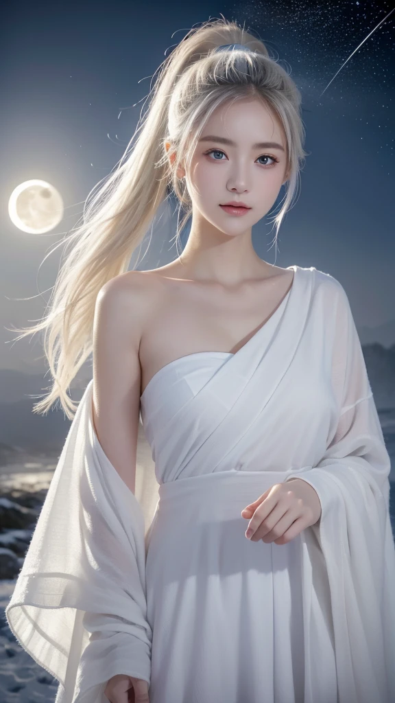 Masterpiece, (Best Quality: 1.2), (Super Fine: 1.2), Illustration, (Extremely Delicate and Beautiful: 1.2), Film Angle, Floating, (Beautiful Detail Eye: 1.1), (Detail Light: 1.1), Film Lights, Delicate Sky, Woman, White Hair, Blue Eyes, (High Ponytail: 1.1), Cloak, Glowing Eyes, (Moon: 1.2), (Moonlight: 1.1), Starry Sky, (Light Particles: 1.1), Fog , snow painting, sketching, blooming