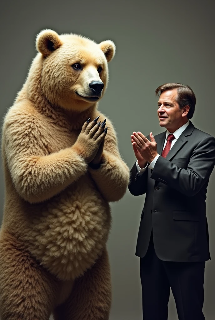 A realistic scene depicting a large bear disguised in sheep's skin, with the texture of the fur appearing worn and slightly torn, revealing the bear's true nature beneath. Surrounding the bear, there is a man with a hypocritical expression, clapping his hands enthusiastically. The man is a politician, with large, cunning brown eyes, wearing a suit that appears slightly too formal and stiff. The background is subtle and muted, focusing the viewer's attention on the contrast between the bear in sheep's clothing and the false believer.