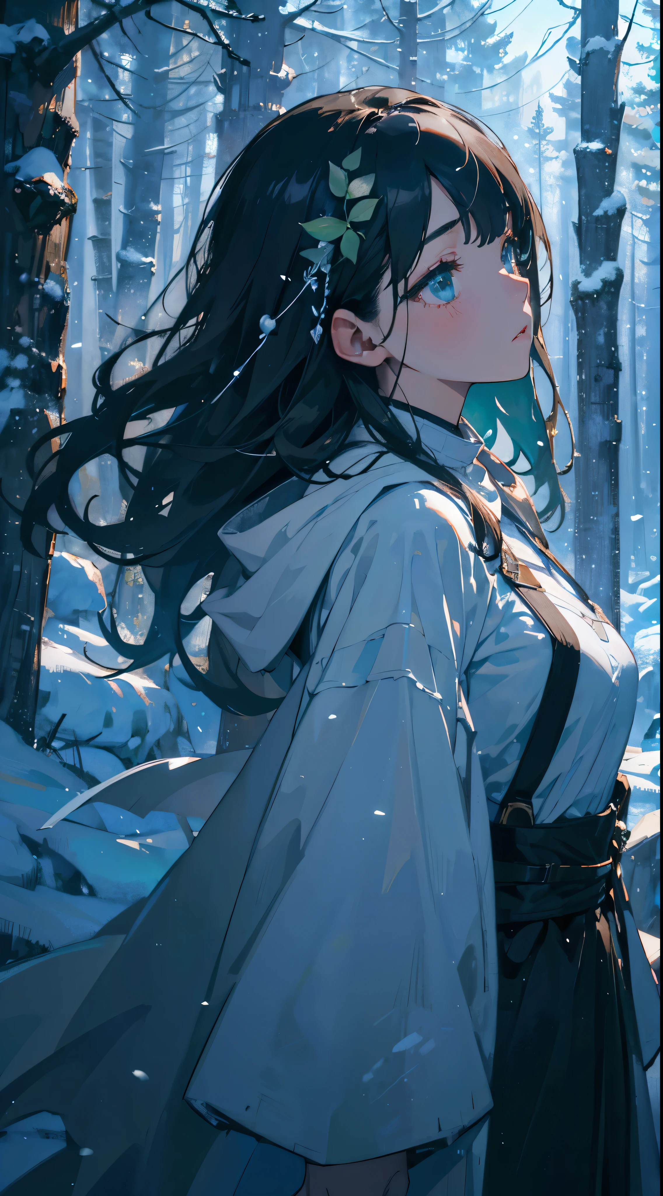 quality\(8k, Highly detailed CG unit wallpaper, High resolution, top-quality, top-quality real texture skin, Surreal, Increase the resolution, RAW Photos, Highest quality, Very detailed, wallpaper\), BREAK、Circle image、White Forestを歩く、White leavesの木々、White leaves、White Forest、Long Shot、The subject is small、Beautiful dense forest、White to black gradation、Gradation、BREAK、One Girl、look up、Very detailed face、Detailed face、Side Shot、Beautiful profile、look up、White sky close to black、Stars and clouds、Fresh perspectives、BREAK、Overall dark、Cinema Lighting、Very sophisticated lighting、Dark green hair、Black clothes、Large Breasts、Snow Scene, long hair, Surrealism, cinematic lighting, masterpiece, uhd, high details, best quality, highres, 8k