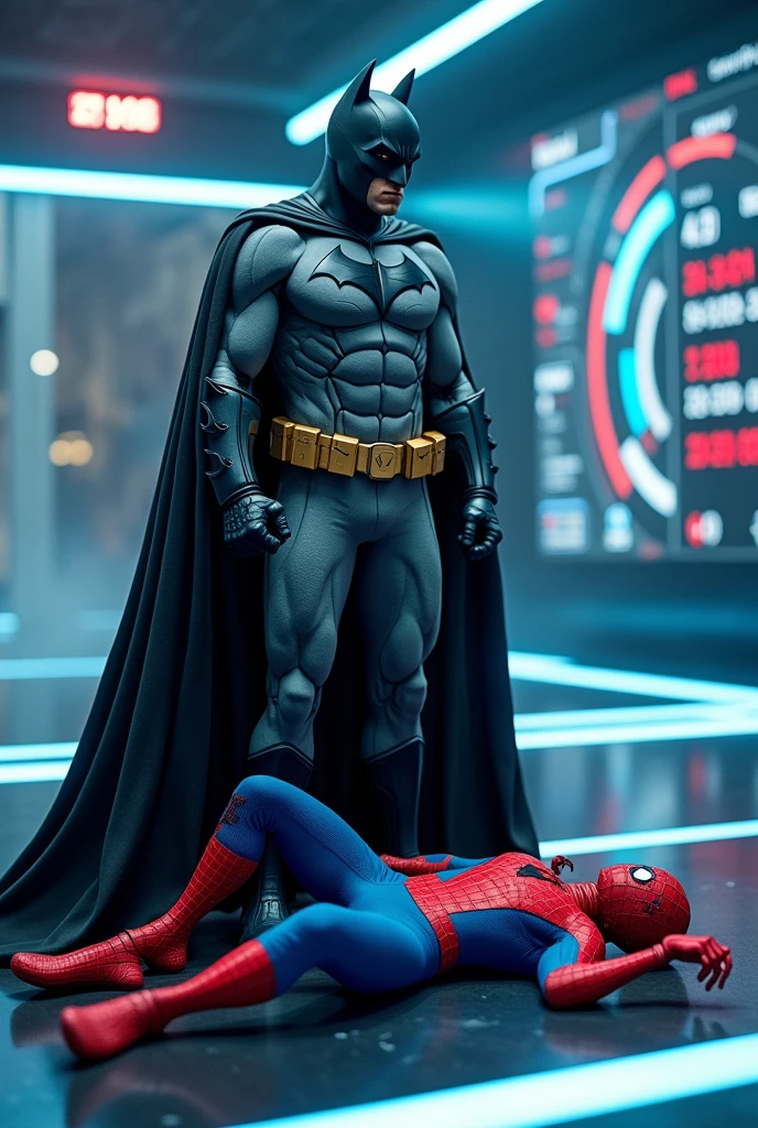 Batman is stand with damage the Spider-Man is half down with more damage. make it realistically and place in the ring and holographically