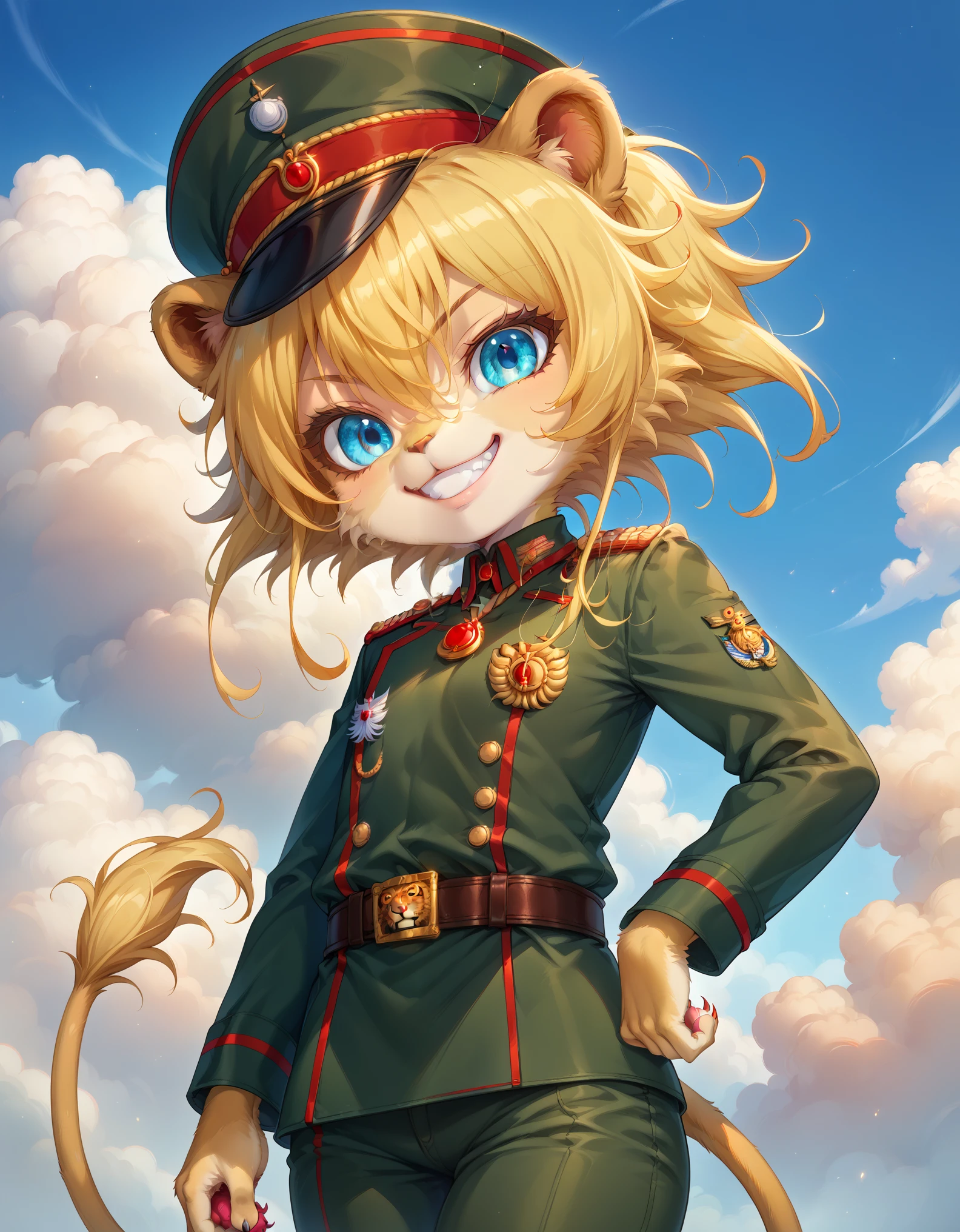 score_9,score_8_up,score_7_up, young, (li), lion girl, lion tail, yellow hair, Tanya Degurechaff, blue eyes, Baby, looking at viewer, smile, 1girl, lion ears, furry female, ((military hat, military uniform,red pendant, belt,pants,evil smile,)), military base, clear sky, looking at viewer, solo, anthro, cheek tuft, facial tuft, uperbody, evil smile,