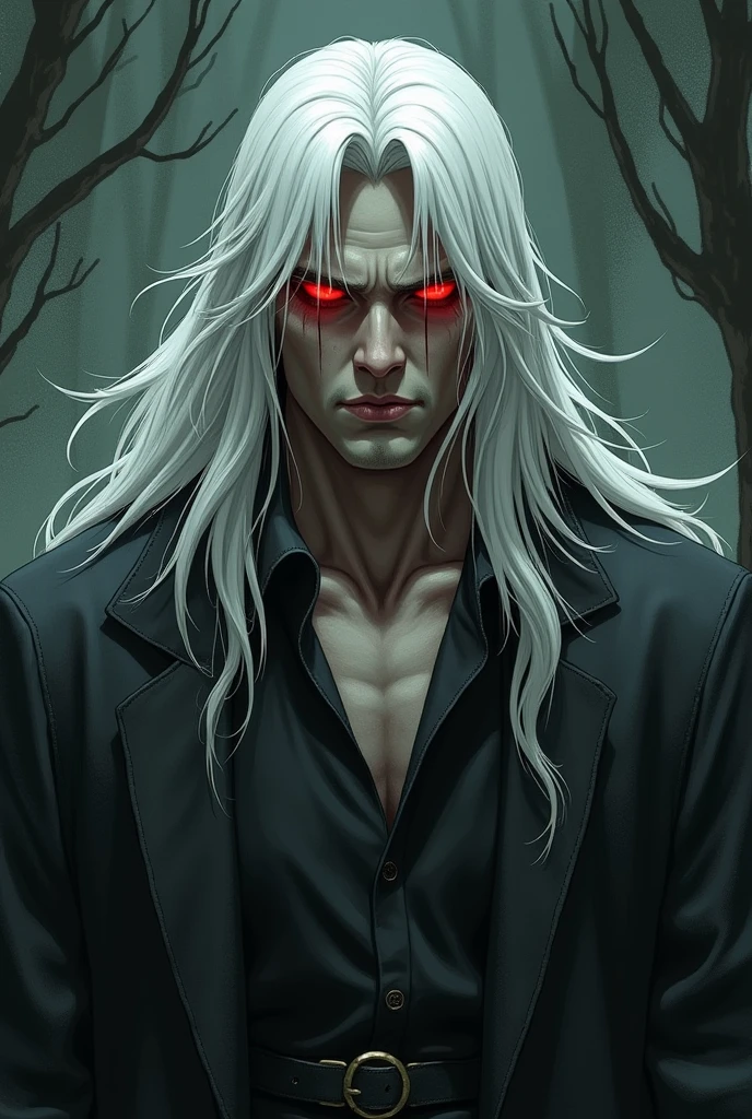Albino man with white hair, Long hair, His physical build is a bit robust and he has a bang that covers his forehead., Her eyes are bright crimson red, His mouth is stained with blood Japanese manga version image