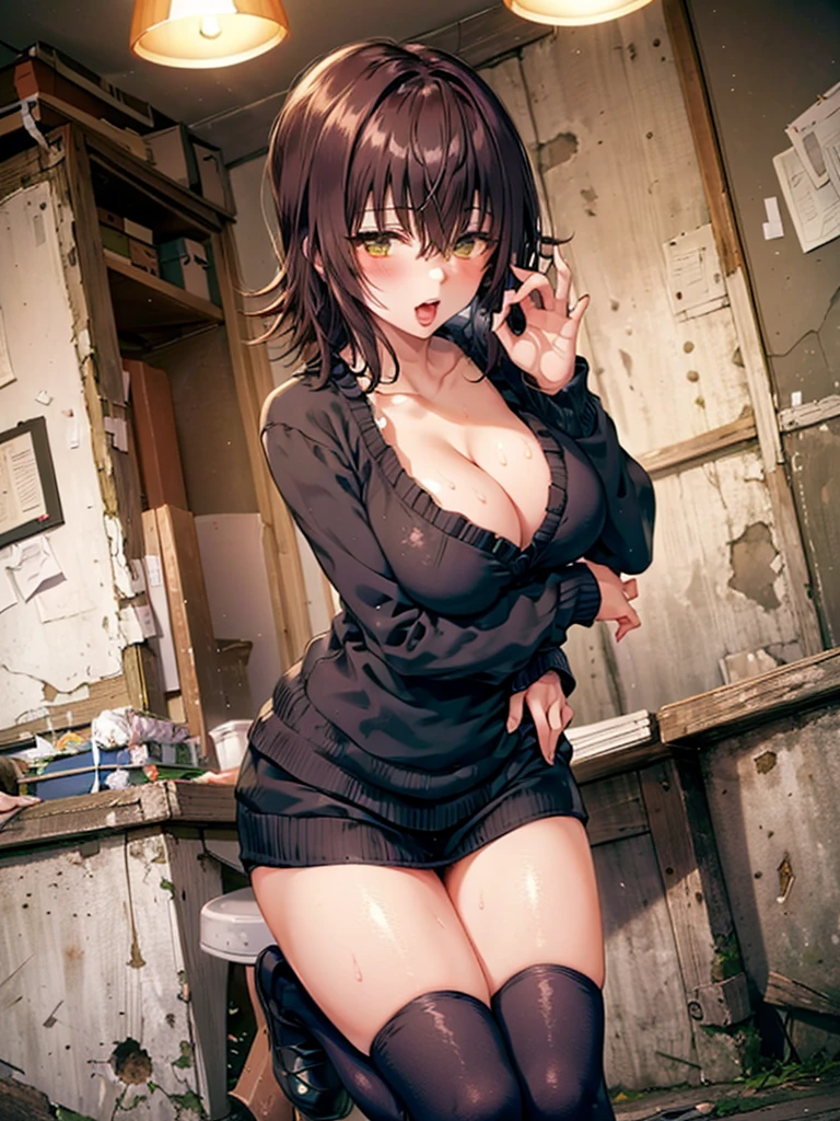 ((Highest quality)), ((masterpiece)), (detailed), One person,Age 25,(Black knit sweater),(mini skirt),Shoulder Bare,Big Breasts,blush,Underbust,(Her cleavage is visible),(Excited expression),(Seduce),night,indoor,ruins,nightのruins,Dim lighting,(In a dimly lit room),(In a messy room),Browsing Caution,sexy,dirty,Sweat,(Black knee-high socks),