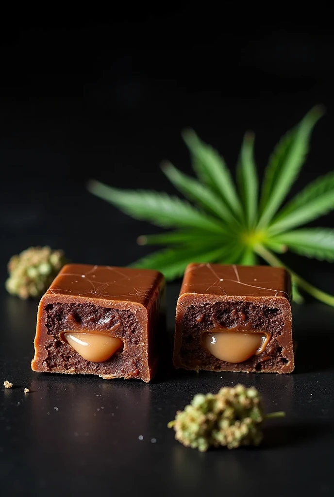 Two traditional ! homemade square Brawnis with a cracked chocolate coating on top, with liquid arequipe filling in the middle of each one and a cannabis flower on the side, the background should be a dark one, so it looks like a photograph.
