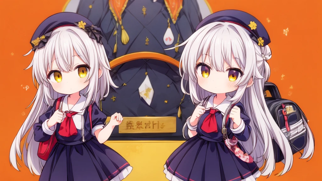 1girl,、cute、Primarhort-sleeved dress、Gray Hair、Red School Bag、Skipping、Facing sideways towards the audience、Yellow simple background