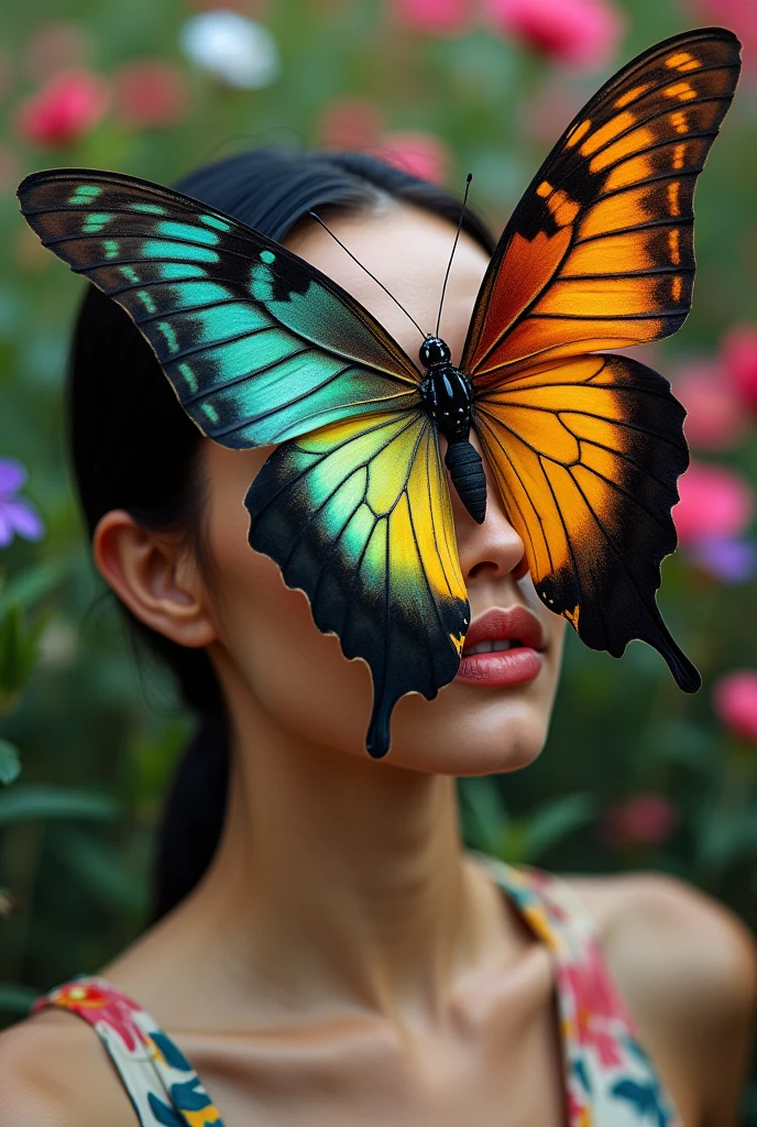 Face of a Western brunette woman, Hair tied back and black, tight, thin lips and no makeup,  with a giant butterfly taking up the whole face and colorful flowers in the background of the photo