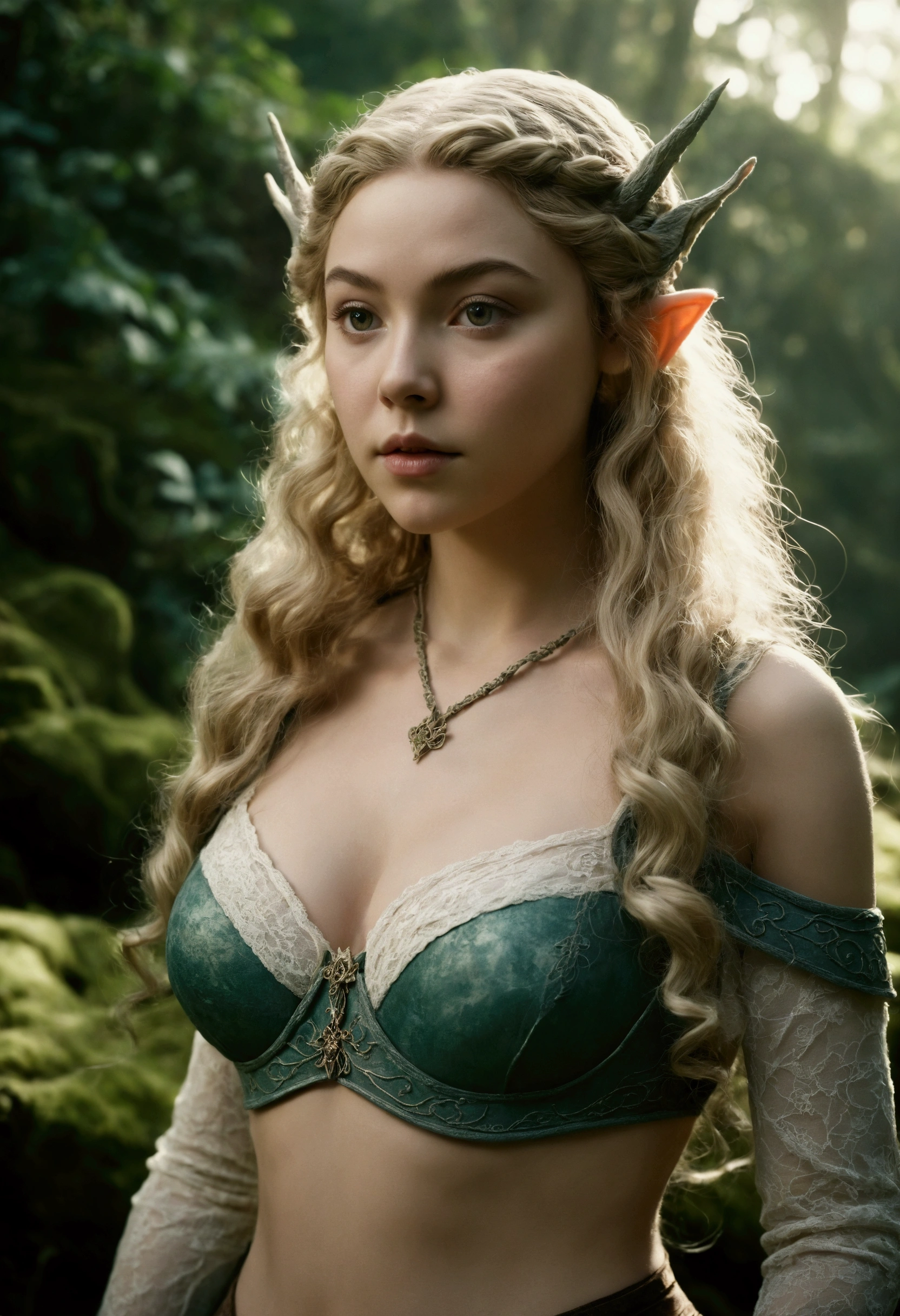 analog film photo, photo of an elven maiden, 18 years old, elf ears, long wavy curls, Amazonian stature, toned hourglass figure, busty breasts, narrow waist, full wide hips, big plump buttocks, wearing a lacey bra and a lacey thong, resembles Margaery Tyrell, strolling along a fantasy landscape, RAW Photograph, dslr, soft lighting, high quality, film grain, Fujifilm XT3, detailed skin with visible pores, insane details, masterpiece, 8k, 35mm photograph, dslr, kodachrome, faded film, desaturated, grainy, vintage, Lomography, stained, highly detailed, found footage, close-up shot, elven ears