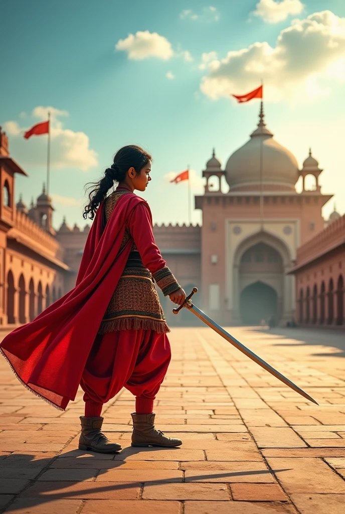  A young Maharana Pratap (Indian) practicing swordsmanship in a courtyard, with a determined expression on his face. In the background, there is a faint silhouette of a grand fort, symbolizing his heritage and the responsibility he feels towards his ancestors