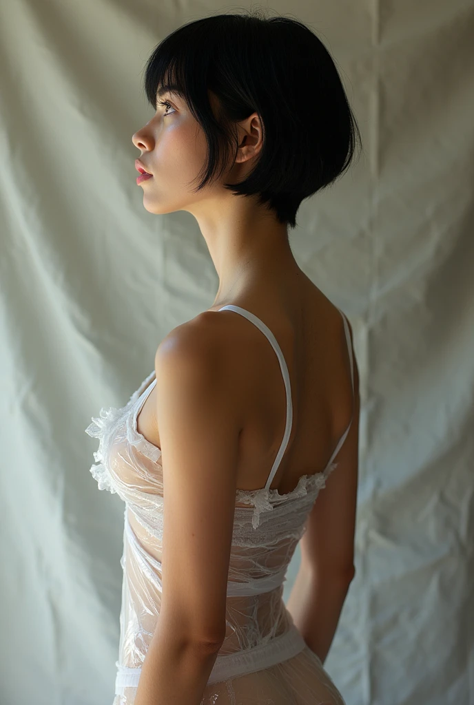photorealistic of a{1girl, athlete tall and perfect proportional anatomy, black short hair, thin clear sheet wrap(tattered:1.2)}in a stunning pose, looking upward, model fashion pose standing stance, intricate detailed, best quality as you can accomplish, skin pores, hyperrealistic, above view, high angle shot
