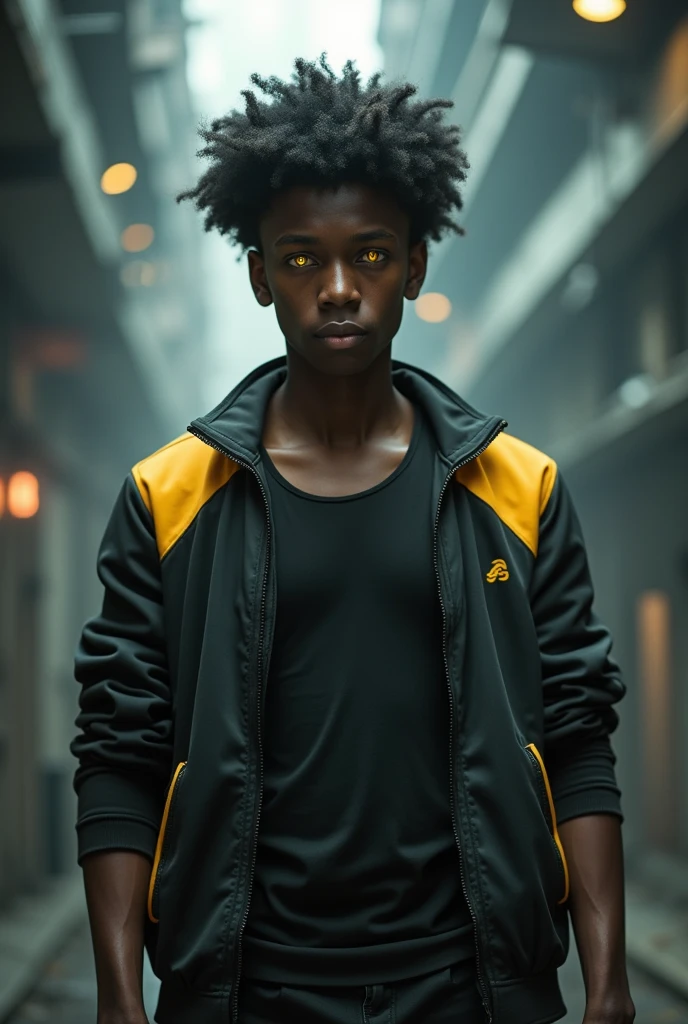 Young black afro boy, muscular, 18 years old, short round curly black hair and bright yellow eyes wearing a black tank top and a black and yellow sports jacket on top. From the front, lifting the jacket sleeve and showing the forearm. In a futuristic underground city with shades of gray from pollution.