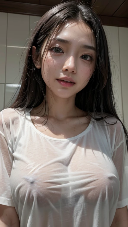 Highest quality、Realistic、、zoom、、look up、cute、Light grey eyes、Black Hair、Long Hair、boyish、Tanned brown skin、Dark Skin、Plain white T-shirt、heavy rain、Heavy Rain、Soaked from head to toe、Wet Hair、Wet Face、Wet body、A wet, clingy shirt、A wet, see-through shirt、See-through nipples、Shy laugh、Flat Chest、No bra、Bust Shot、thin
