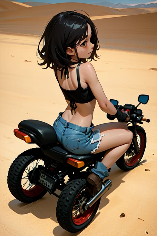 (masterpiece, Highest quality, Highest quality),A small young girl，Baby Face， alone，Very short stature，Flat Chest，Very thin limbs，smile，View your audience, dissected small motorcycle，boots，Gas station in the desert，From behind, ((Woman from Texas))，long shaggy curls，Fingerless gloves，(Bikini top and denim cutoff shorts)，Sitting on a motorcycle，(From behind)，(Live Action, Intricate details, Written boundary depth), Very detailed，Semi-realistic, I&#39;m 11 years old，short hair，(goggles)，whole body，
