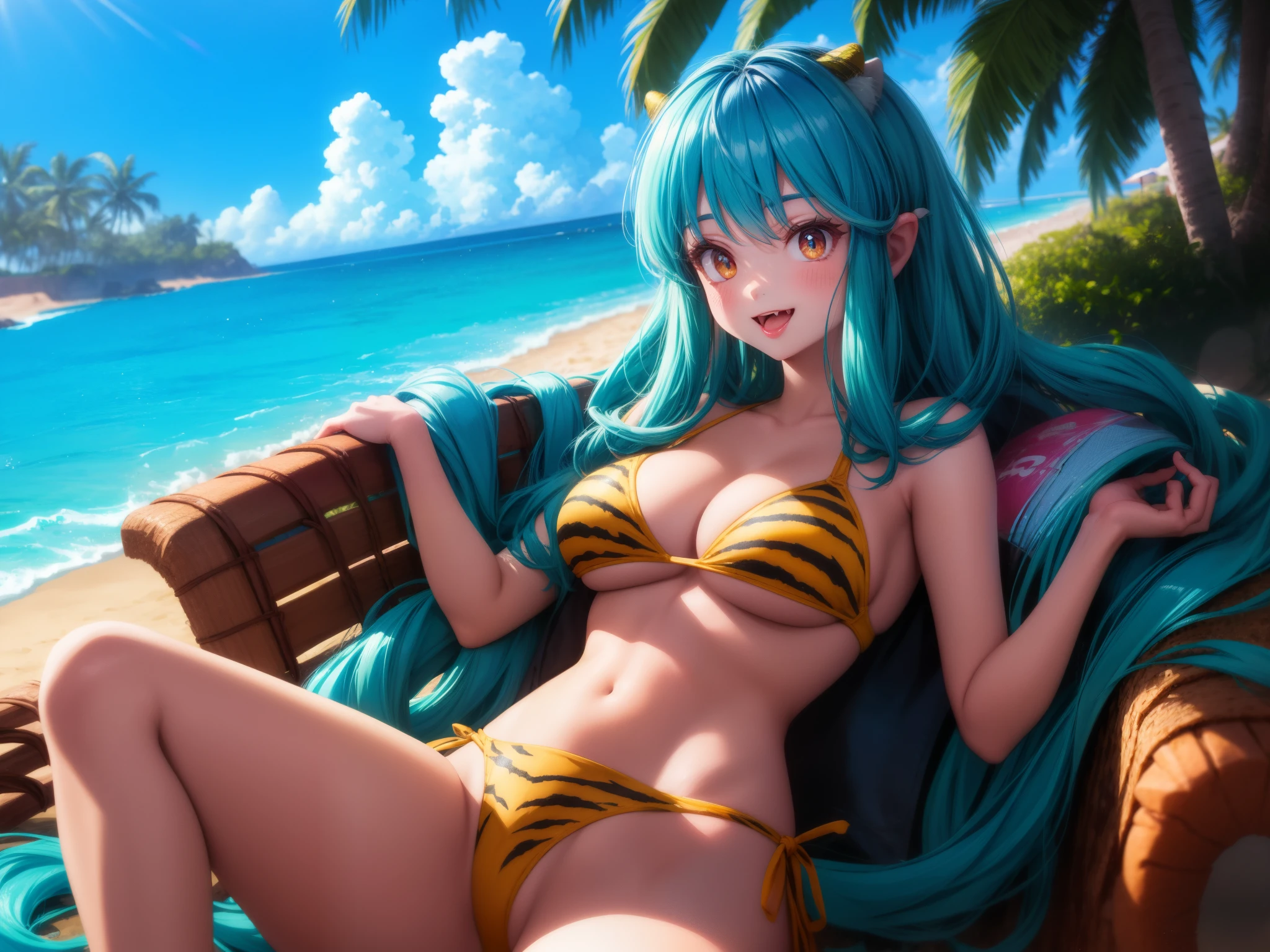 Ram-chan,invader,Very tiny tiger stripe bikini, There are so many horizontal stripes in bikinis,Face forward and spread your legs wide., Big Ass,Resort Beach, sun, Highest quality, High definition, Variegated eyes, Beautiful Eyes, beautiful girl, Large Breasts, blush,（Two small demon horns on the head）,Sunlight shining from the front,Big Breasts,The swimsuit is digging in.Has horns on its head,smile,Hair is turquoise blue,Mouth open,I can see the fangs,
