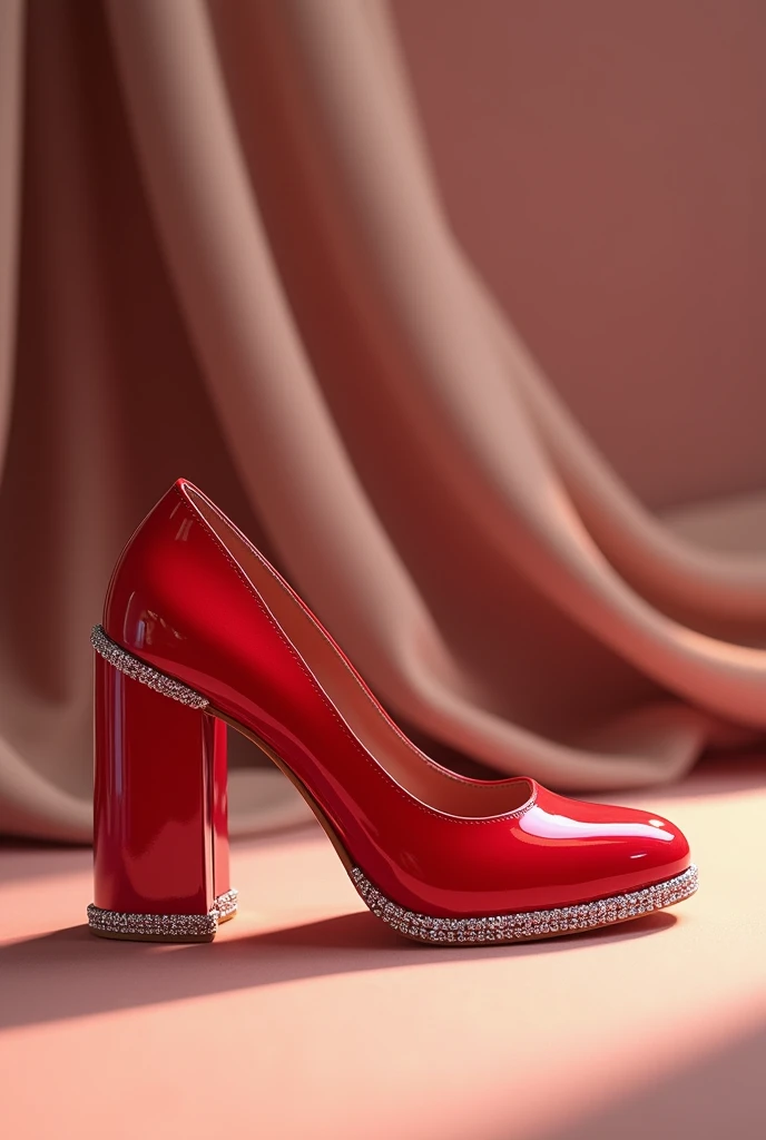 Create an illustration of a red heel, with small diamonds embedded in the edge of the heel where it touches the ground, and that they are elongated and a little less high and that the fabric of the heel is not fabric but plastic. Let the diamonds be at the bottom where it touches the ground, not around where the foot enters, but I want it to surround the heel at the bottom, that they are low-toed, almost like huaraches