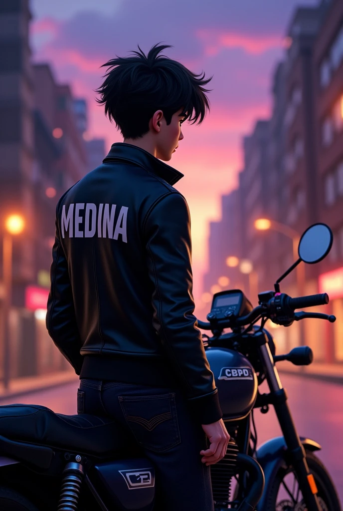Disney male character with his back to the viewer, dark hair, wearing a black leather jacket with the surname Medina on his back, next to a black Honda Cb 190r motorcycle.